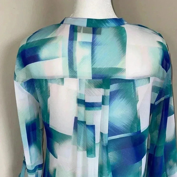 a.n.a Blue and White Rolled Tab Sleeve Sheer Blouse​​ - Picture 7 of 8